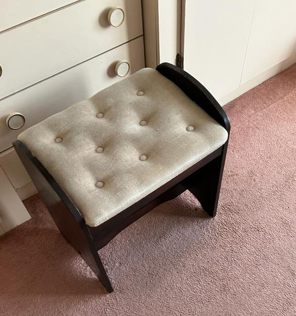 Mahogany framed piano stool, cream seat fabric