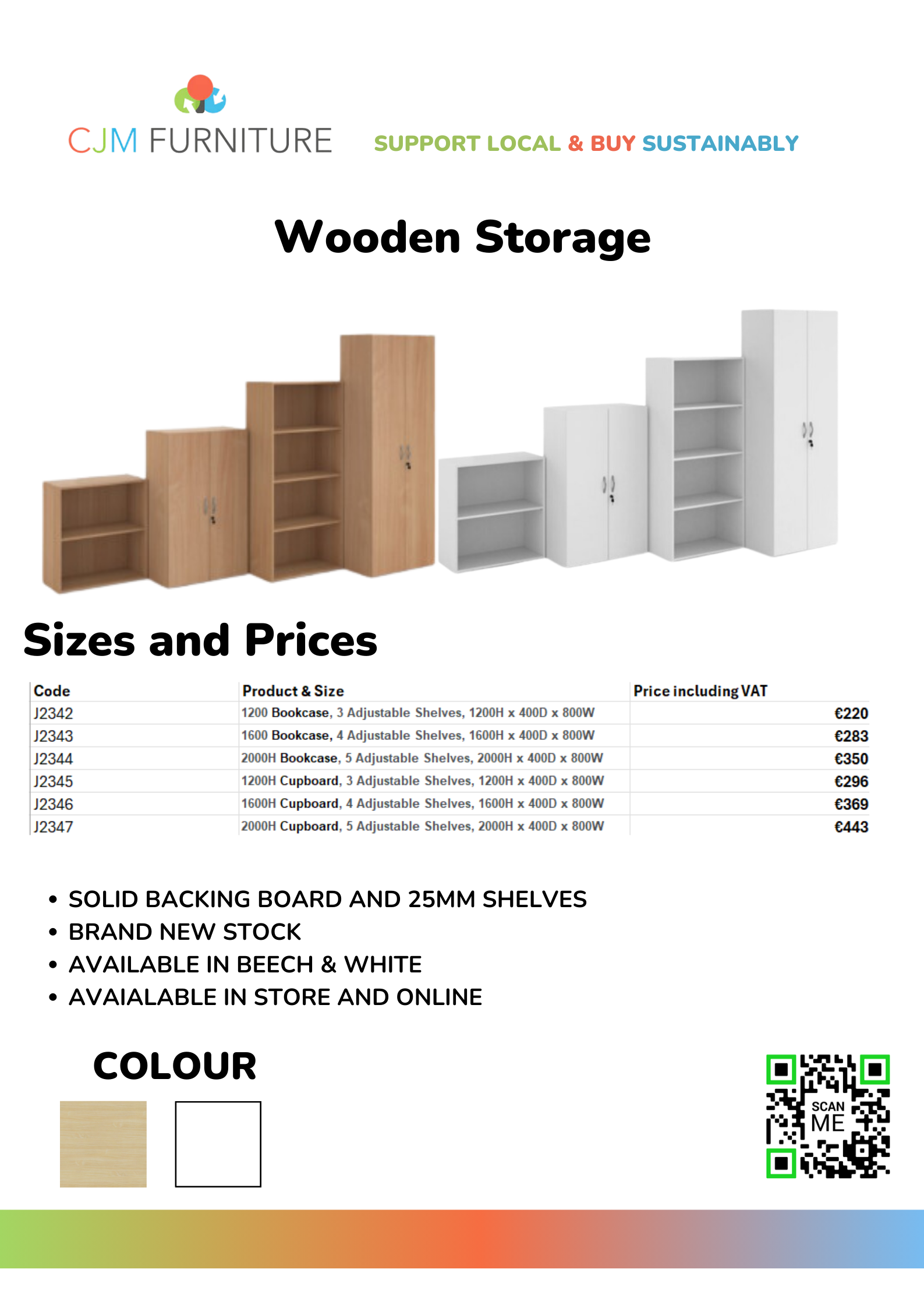 IC2000BCH (BRAND NEW AVAILABLE IN WHITE OR BEECH ONLY) 2000H Cupboard, 5 Adjustable Shelves, 2000H x 400D x 800W,