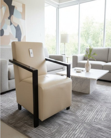 Solid wood stained frame RECEPTION lounge chair with cream leather finish