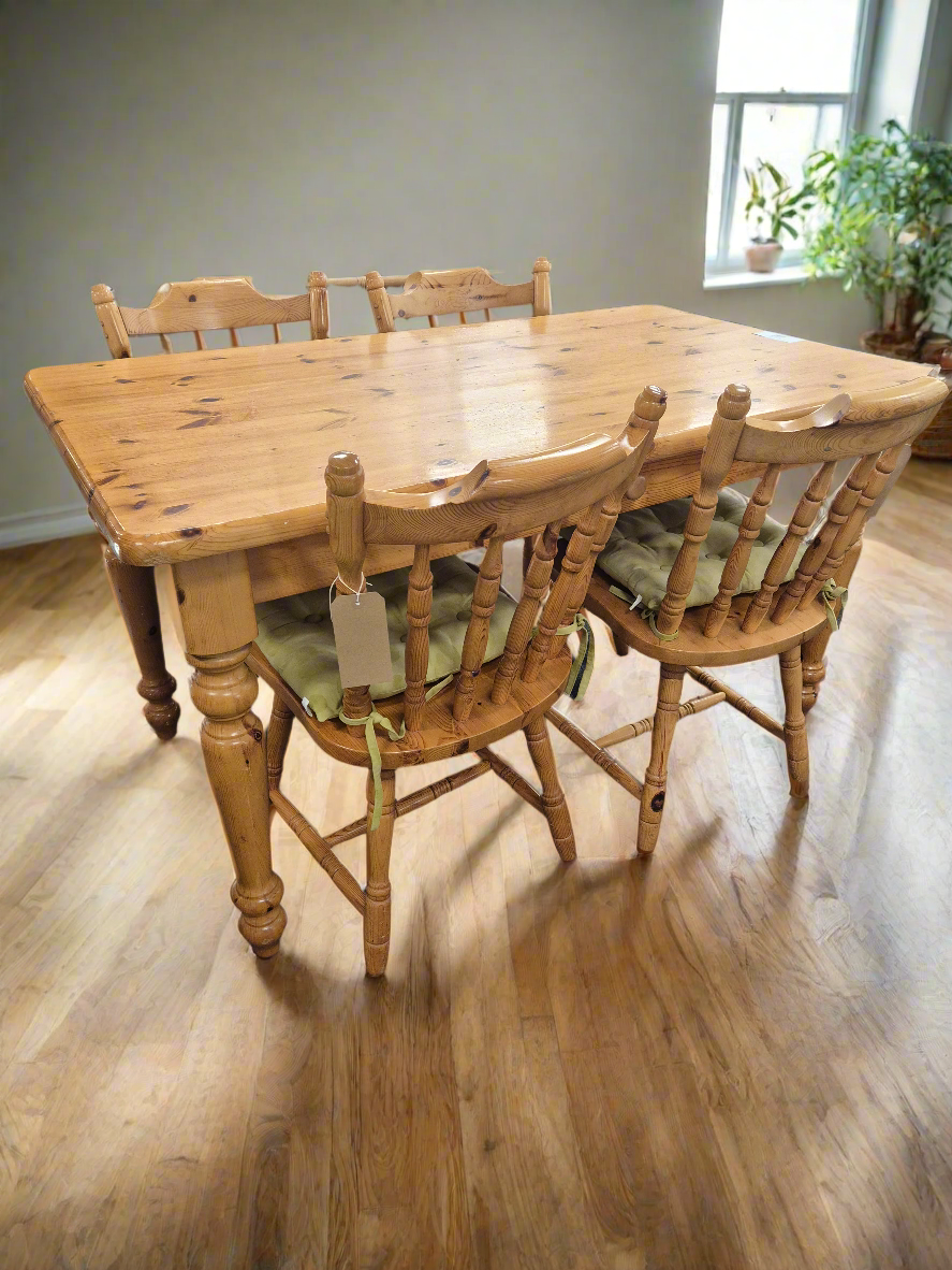 Solid pine farmhouse dining table L 1400 x W 800 x H 750 mm with 4 matching chairs  2125