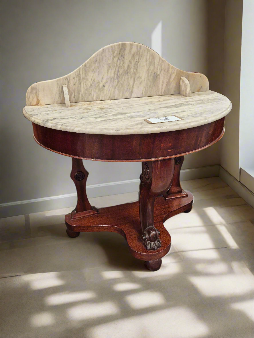 Ornate white marble half moon console table with upstand with mahogany base H 970 x W 620 x D 430 mm 2125