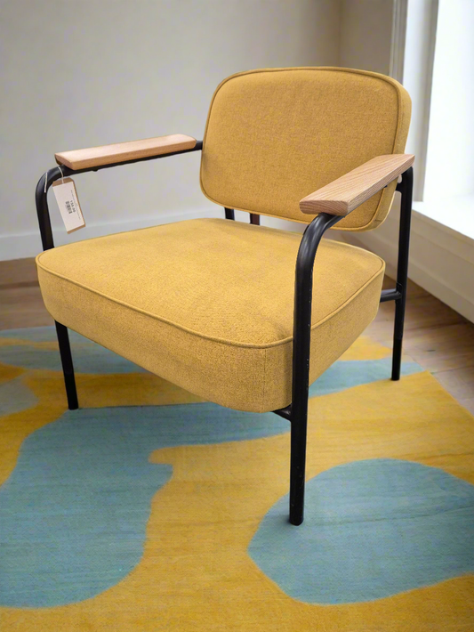Black metal frame occasional armchair mustard fabric