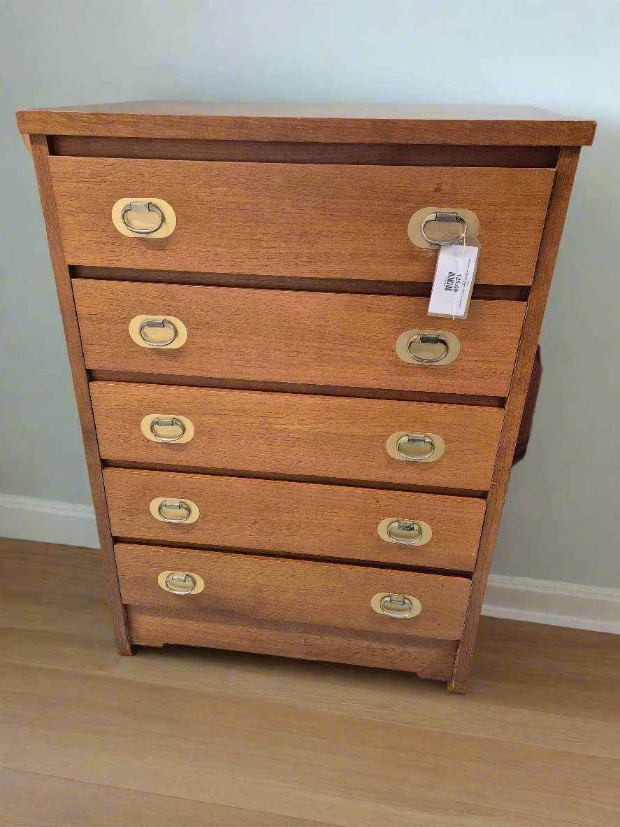 Retro teak stained tall 5 drawer chest 810 h 1100 d 400 2125