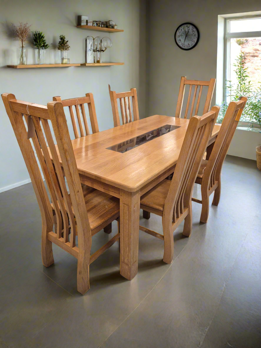 Solid oak kitchen table with central glass insert and 6 no solid wood matching chairs%A0bundle 1125