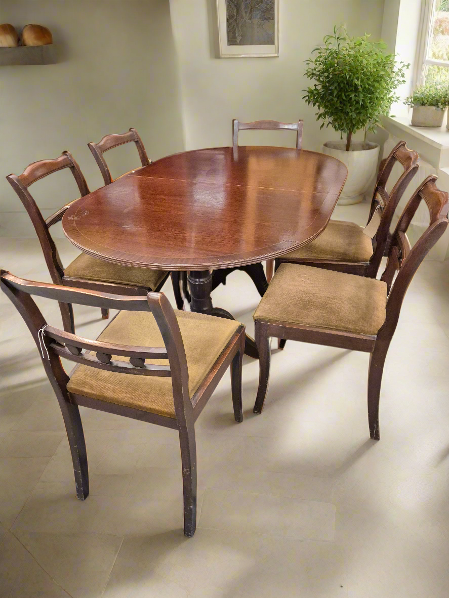 Extendable oval orange wood dining table with 6 dining chairs 2 carvers gold fabric seat 3124