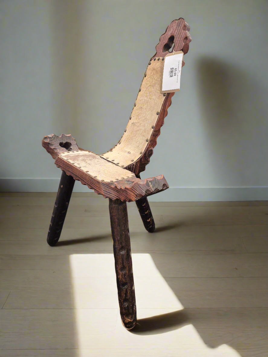 Ornate pine stained stool with calf skin seat 2125