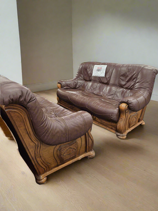 3+2 Real brown leather Dutch oak framed suite  3125