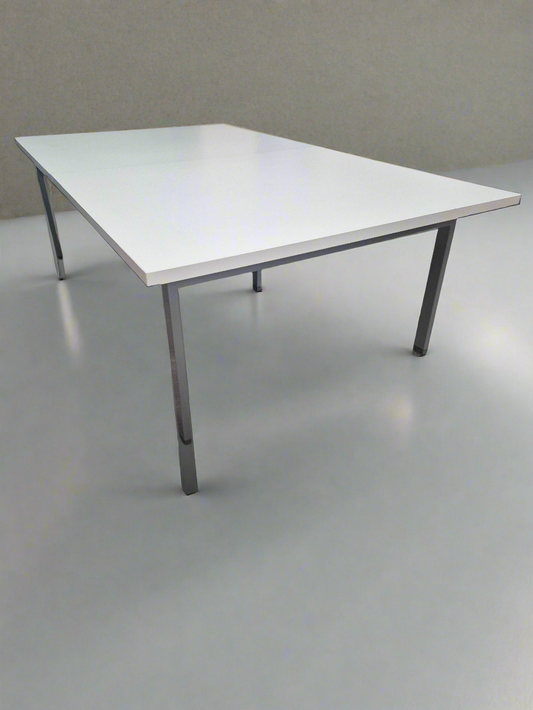 Large section white laminate rectangular meeting table 1400W*2410L in two sections with adjustable beam frame