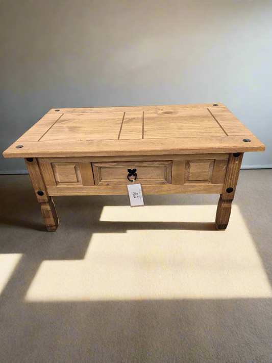 NEW Corona waxed pine single dwr coffee table, 95.00 flat pack or 125 assembled