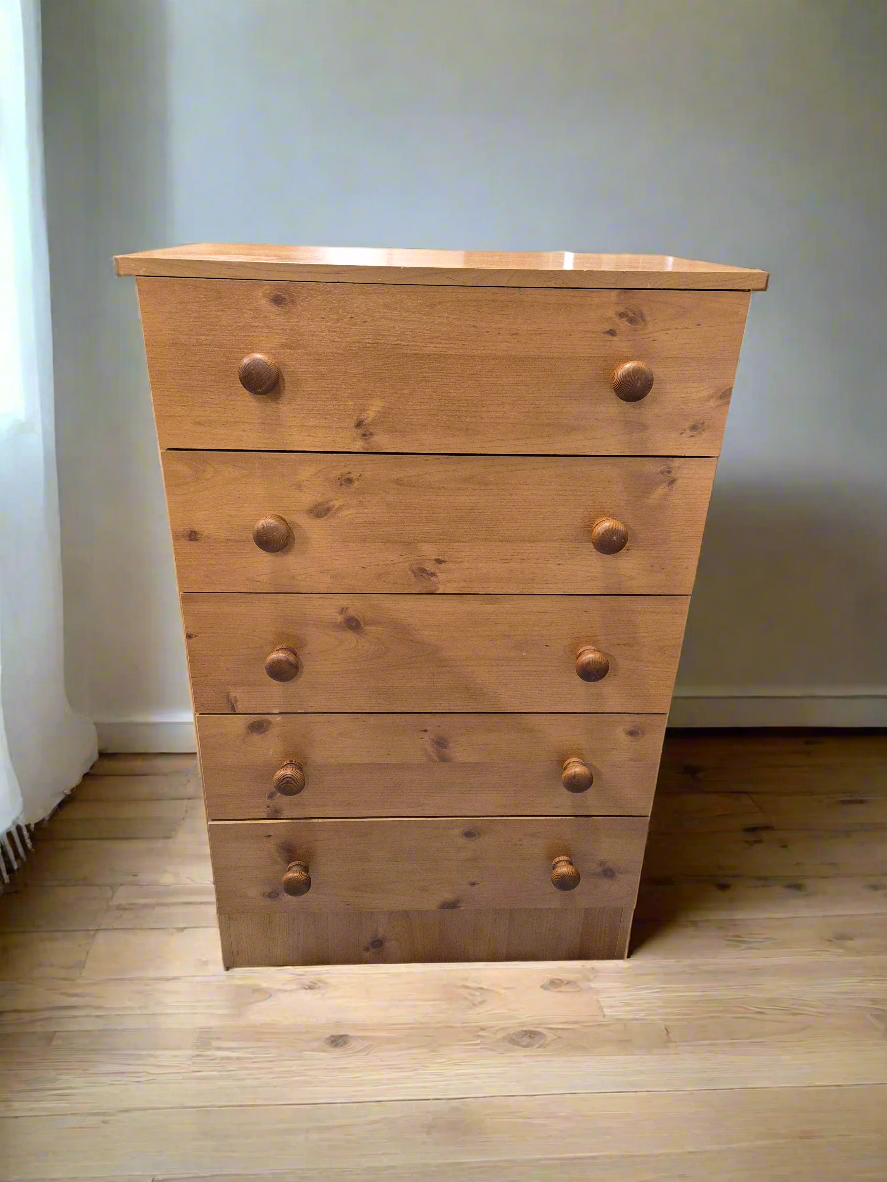 Pine laminate tall 5 drawer chest H 970 x W 610 x D 390 mm 3125