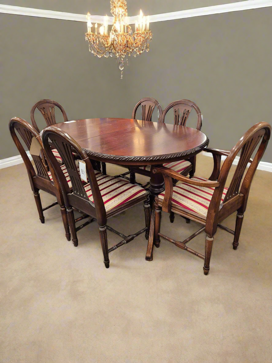 Rossmore mahogany extendable dining table with 4 no chairs and 2 no. carvers with fabric seat (table H 750 x W (970  x  L (1500 -2050)  mm 2125
