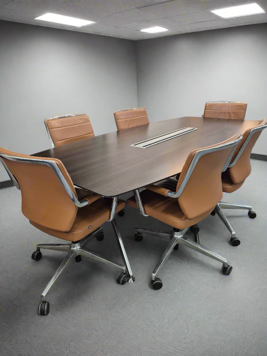 Wenge laminate barrell boardroom table with polished metal central base 2400Lx1200W*740H