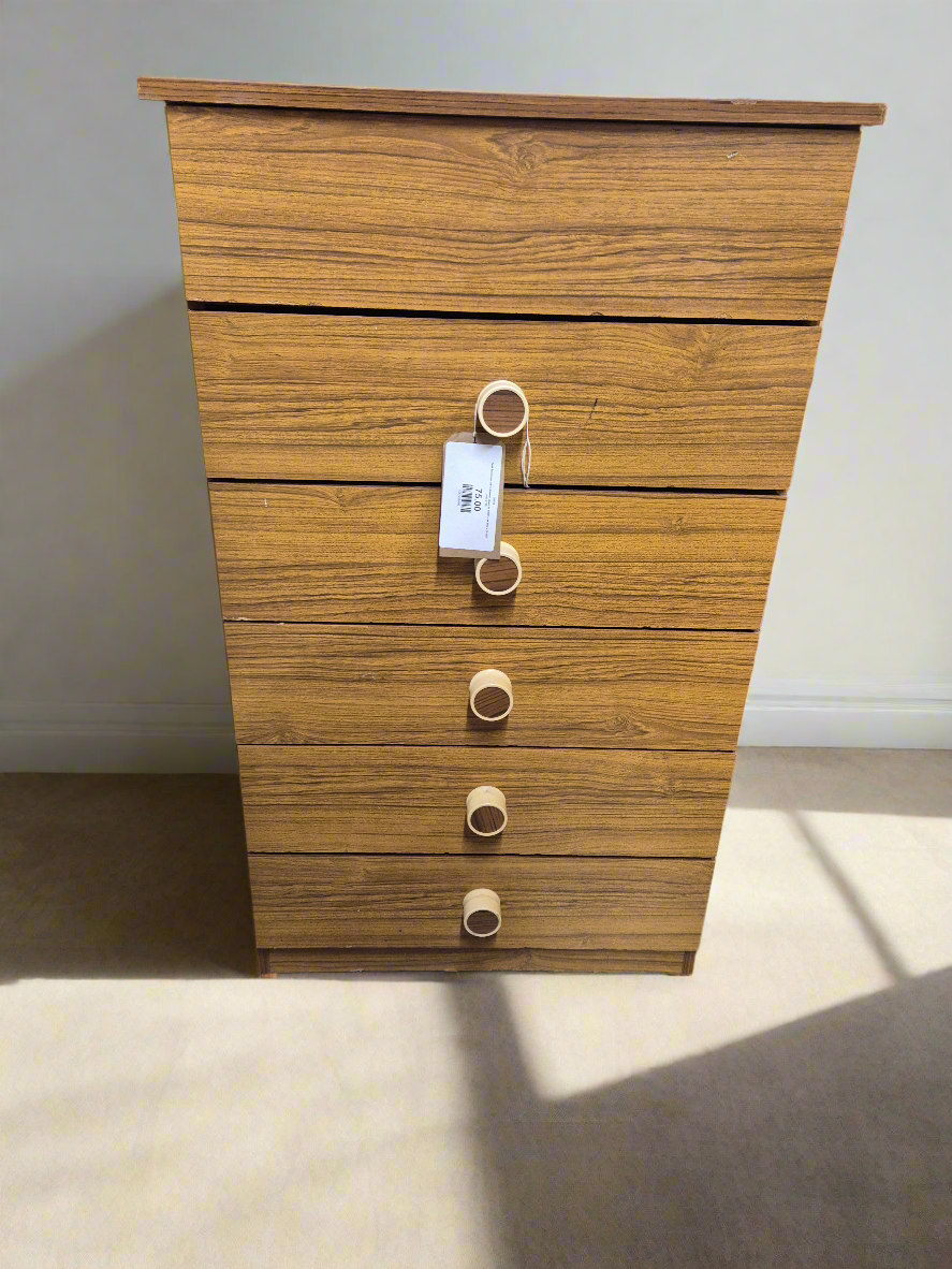 Teak laminate tall 5 drawer chest H 1000 x W 600 x D 420 mm 3125
