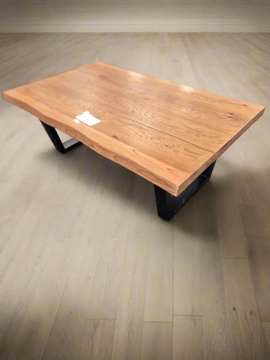 Solid Oak wood shaped coffee table on black metal frame  2125
