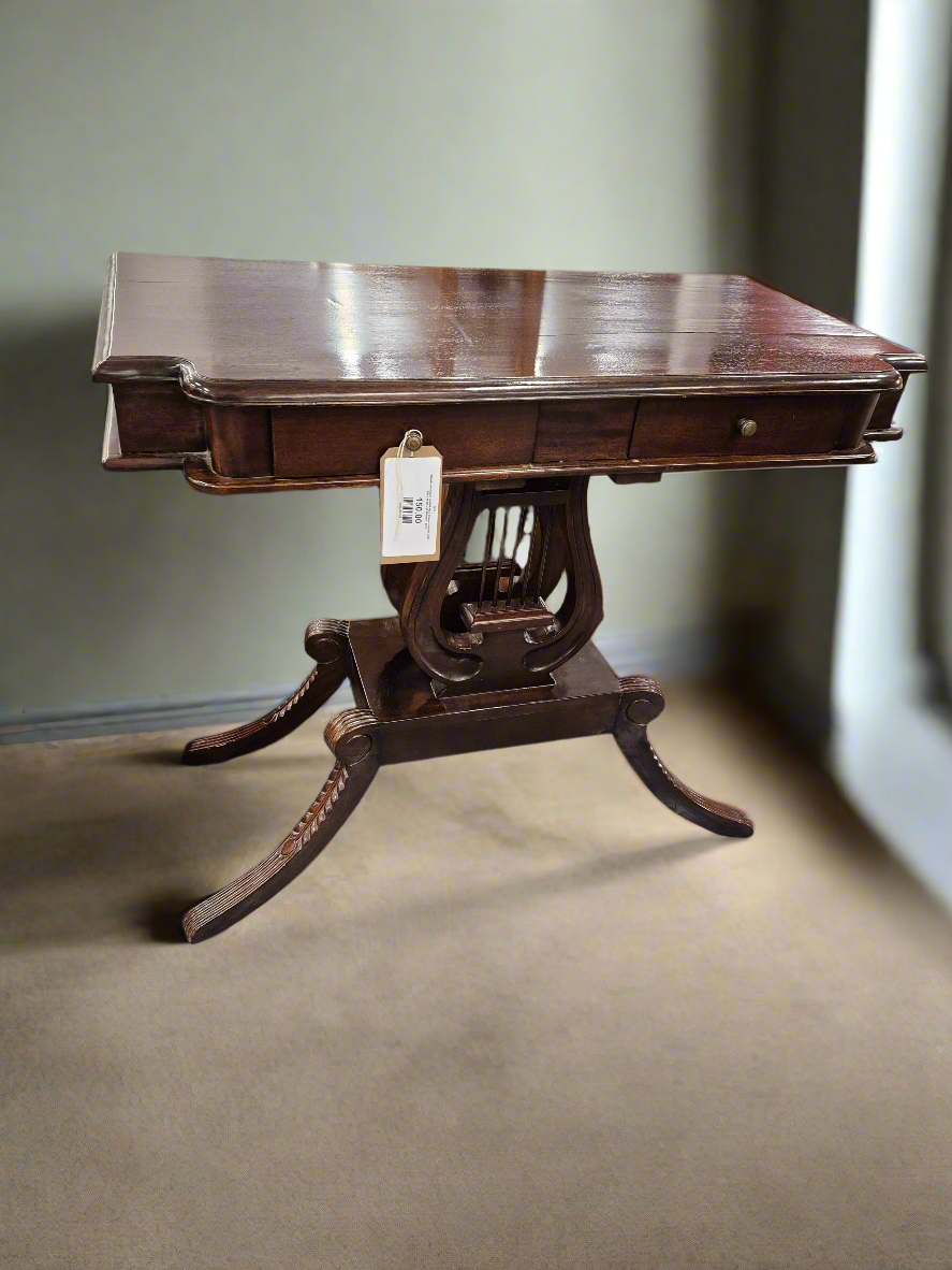 Ornate mahogany central leg 2 drawer console table H 890 x W 900 x D 400 mm   2125