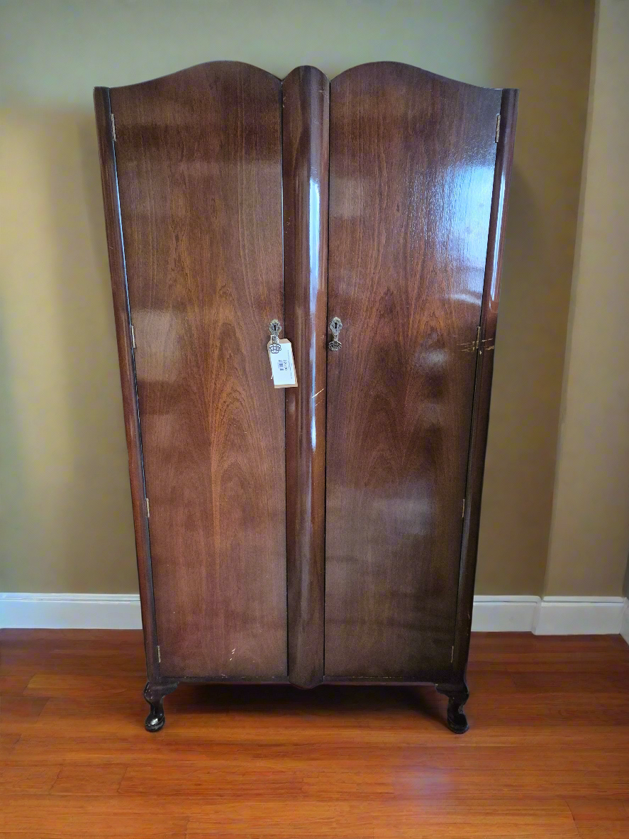 Tall mahogany stained 2 door gentlemans wardrobe with internal shelves