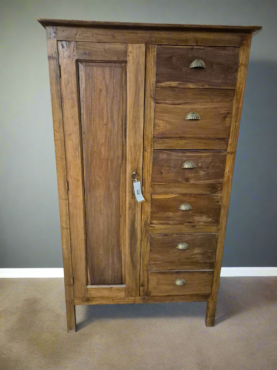 Tall solid teak stained 6 drawer 1 door wardrobe H 1700 x W 990 x D 550 mm 2125