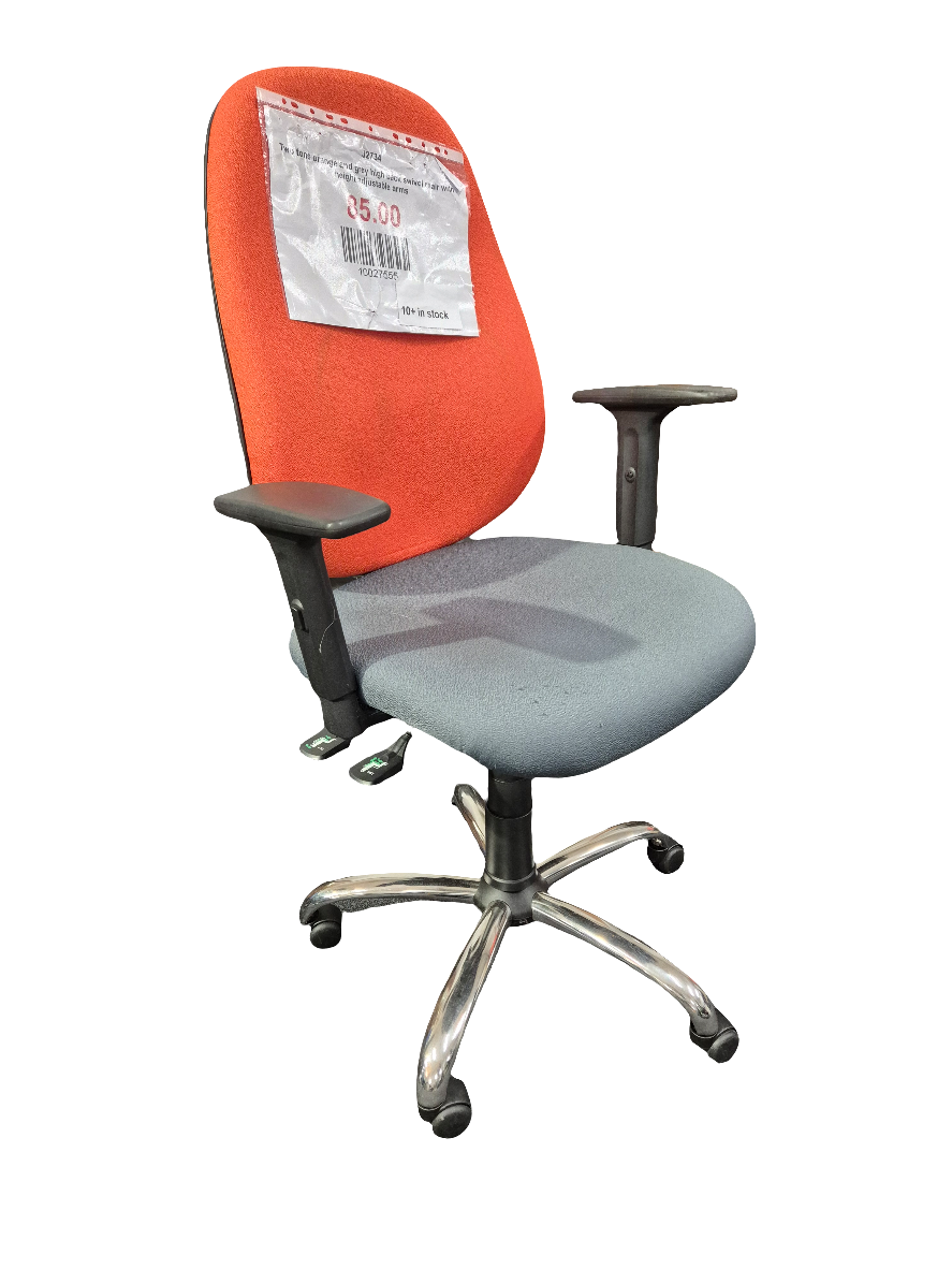 Two tone orange and grey high back swivel chair with height adjustable arms