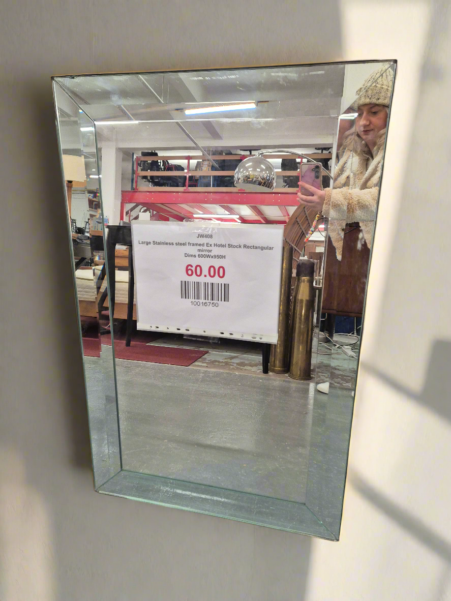 Large Stainless steel framed Ex Hotel Stock Rectangular mirror
Dims 600Wx950H