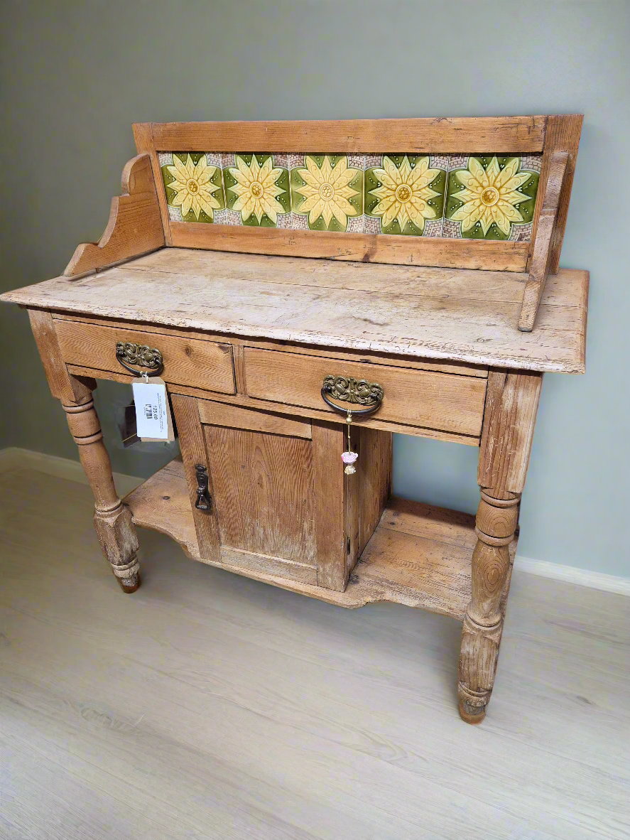 Pitch pine wash stand with green and yellow tiled splashback and drawers H 970 x W 960 x  D 420 mm 2125