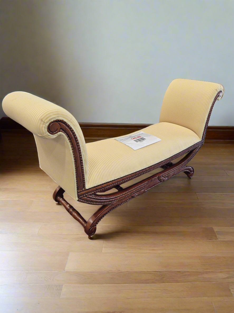 Cream and tan striped chaise lounge with mahogany frame 2125