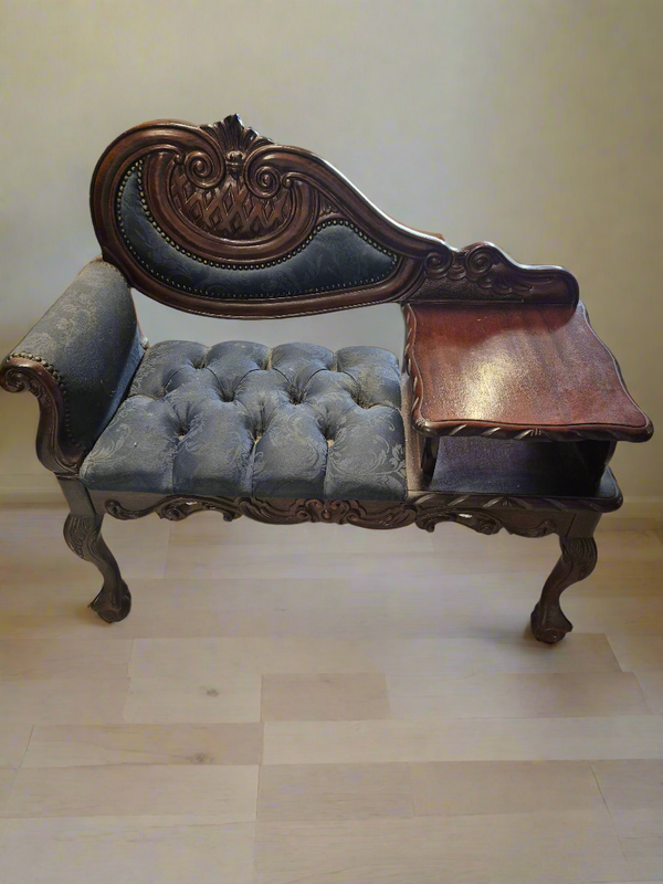 Ornate rossmore mahogany telephone table with blue fabric and drawer 3