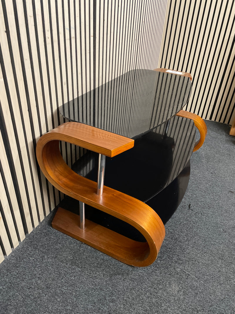 Large black glass tv unit with stained bentwood frame (H 44 x W 110 x D 55 cm)  44812