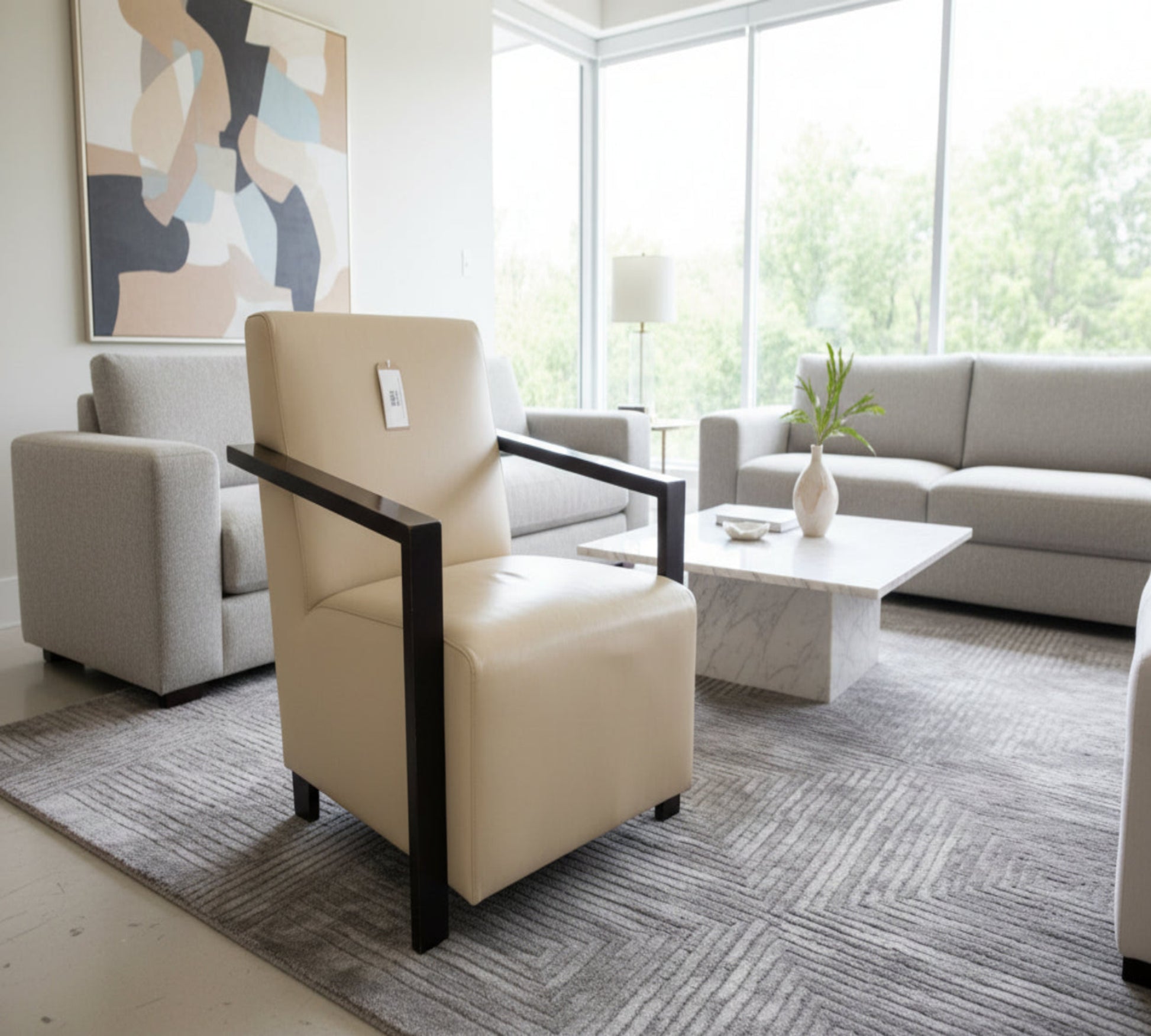 Solid wood stained frame RECEPTION lounge chair with cream leather finish