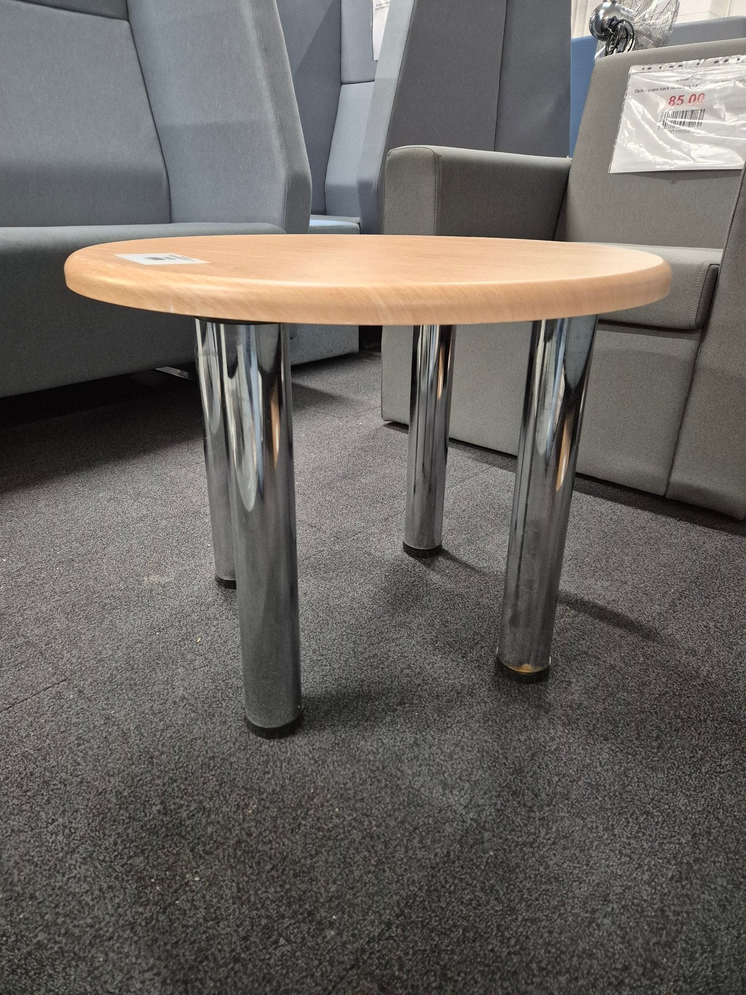 LIQUIDATED beech laminate coffee table with chrome screw in  legs for easy storage
