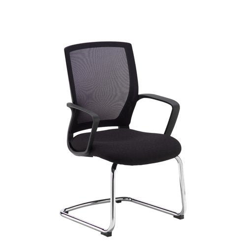 Jonas black mesh back visitors chair with black fabric seat and chrome cantilever frame with fixed arms