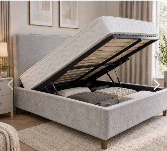 NEW 4ft 6 Leo Gas lift bed frame in grey fabric