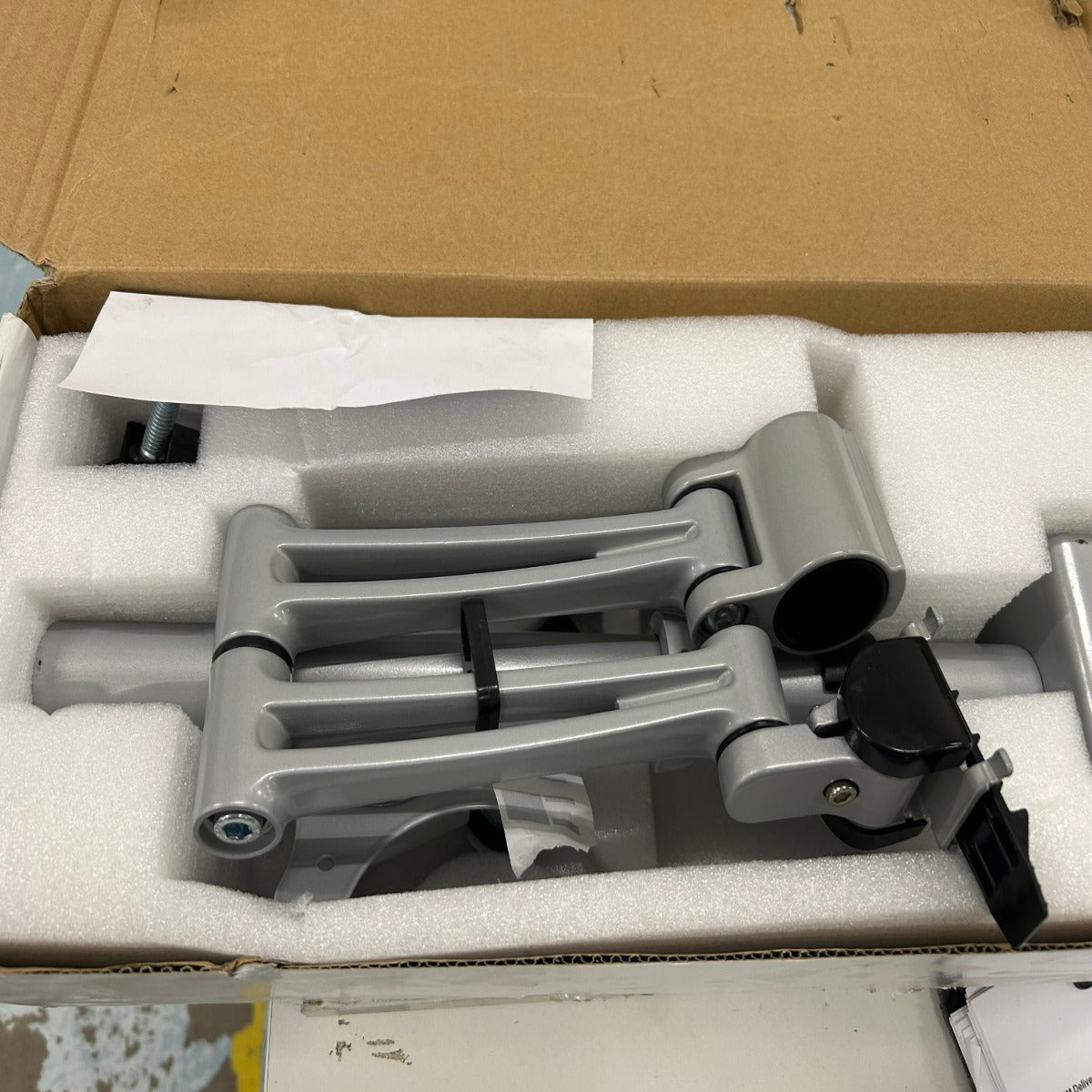 White powder coated desk mounted double monitor arms