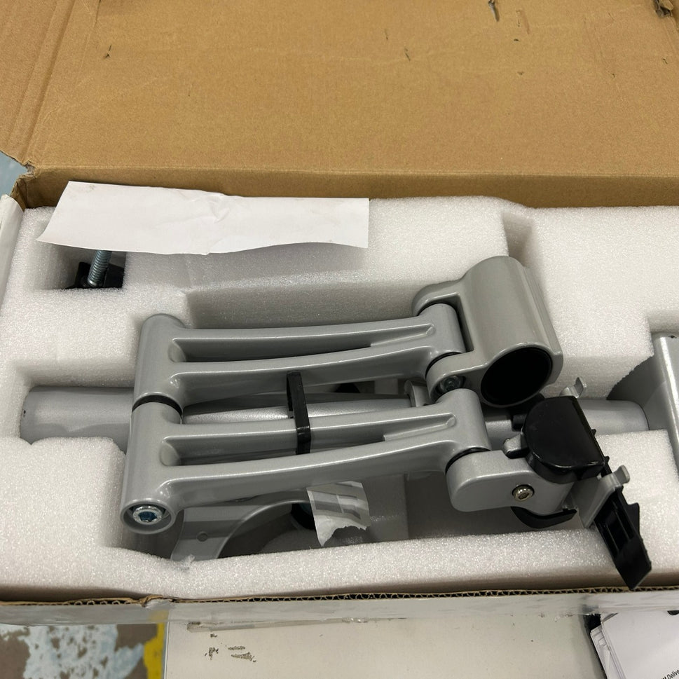White powder coated desk mounted double monitor arms