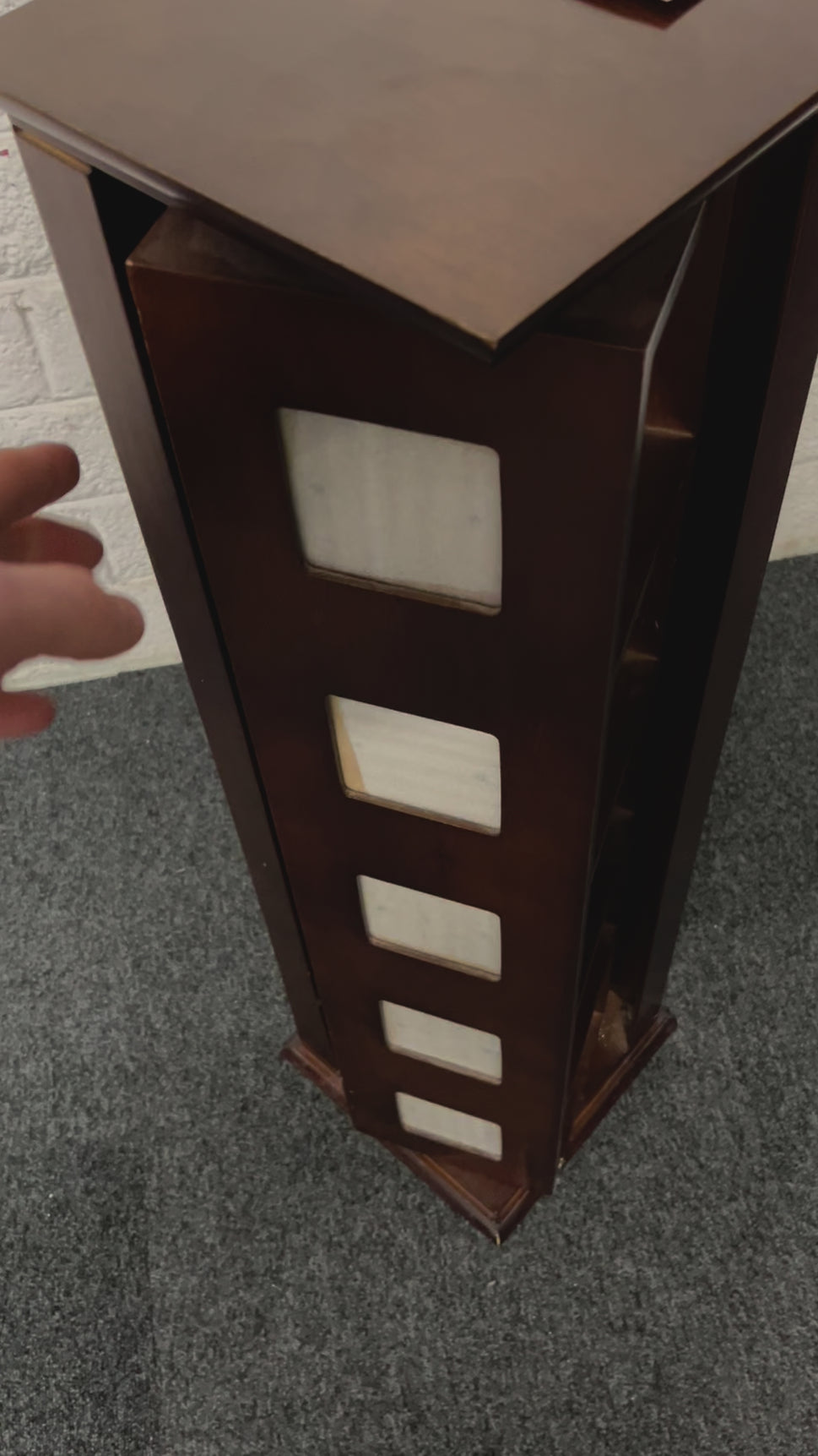 Solid dark wood revolving tall boy storage unit with built in picture frames (H  850 x W 250 x D 250 mm) 3125