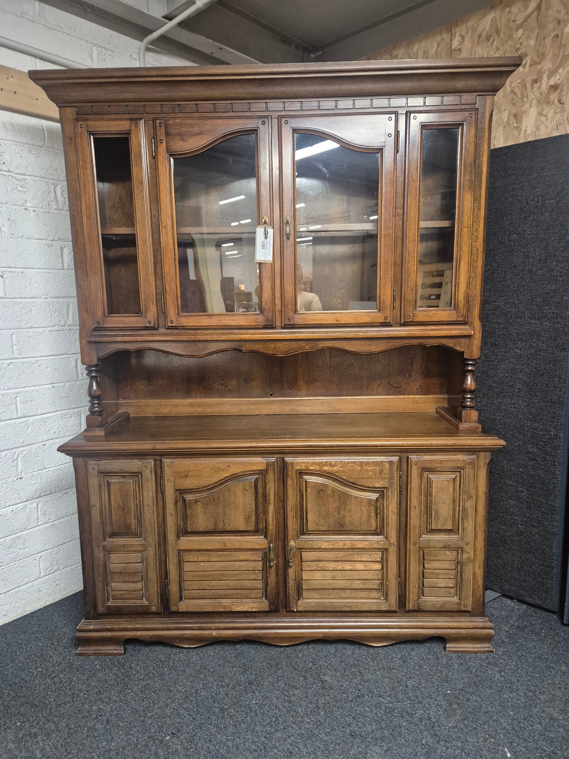 Solid wood dark stained 2 glass door kitchen dresser with base storage (H 2000 x W 1540 x D 430 mm) 1225