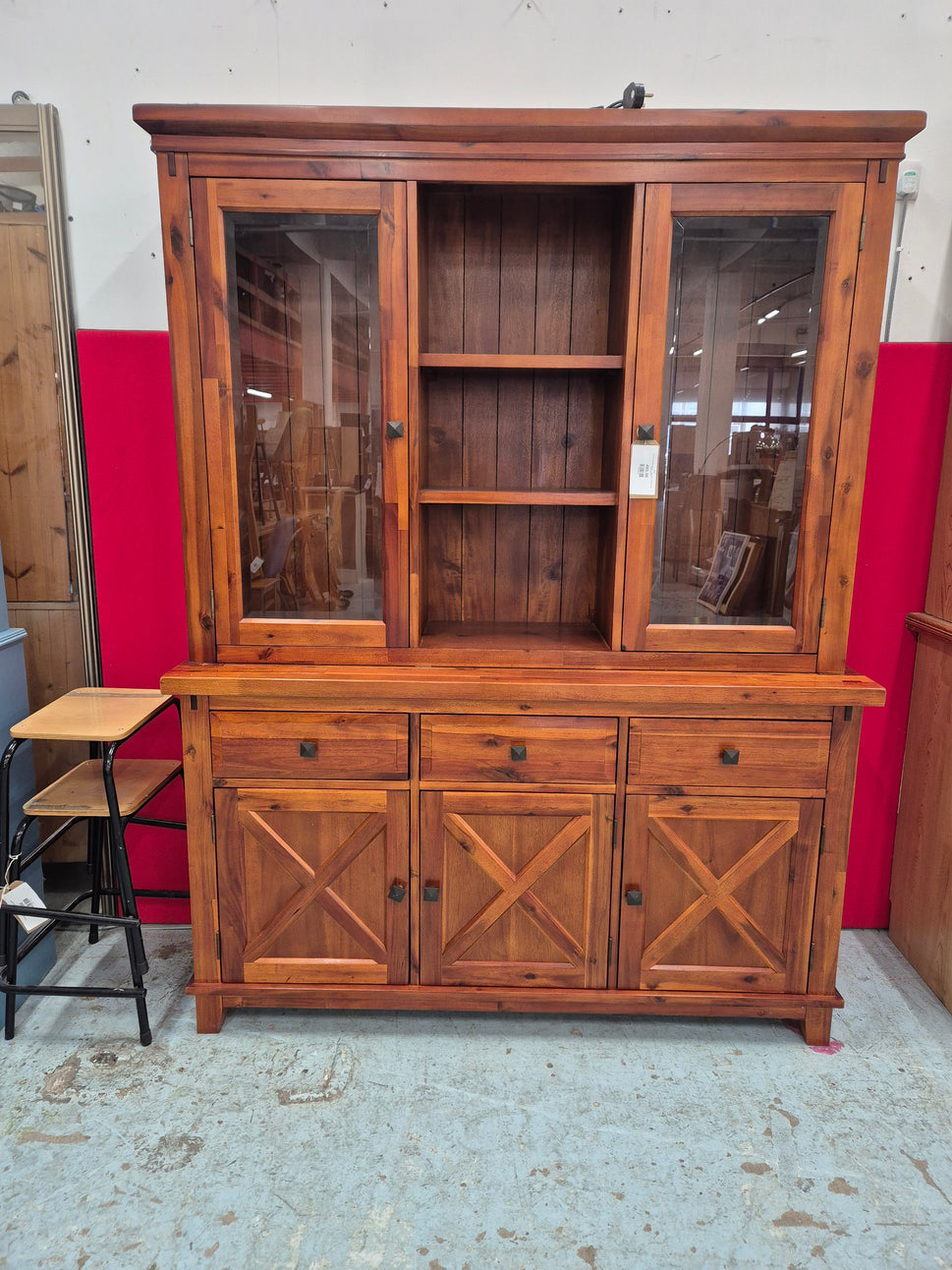 Tall solid dark wood stained 2 glass door 3 drawer glass display unit 2125