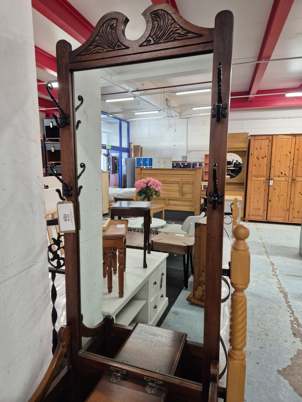 Ornate stained solid oak stained tall hall hat and coat stand with mirror and hooks