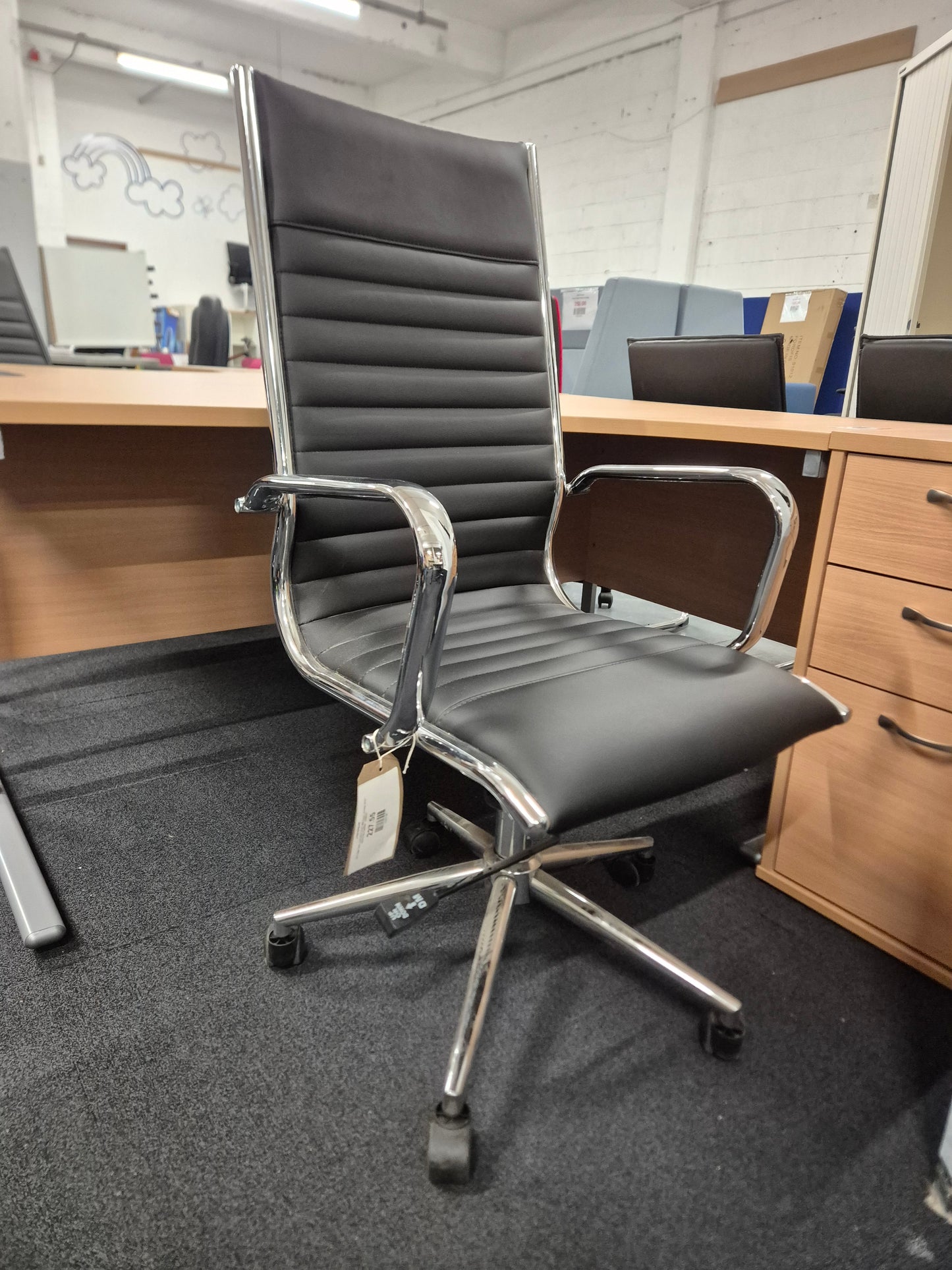 Bari high back executive chair with fixed chrome arms - black faux leather
