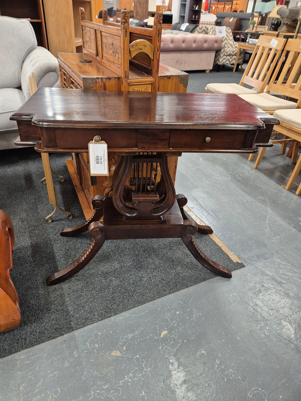 Ornate mahogany central leg 2 drawer console table H 890 x W 900 x D 400 mm   2125
