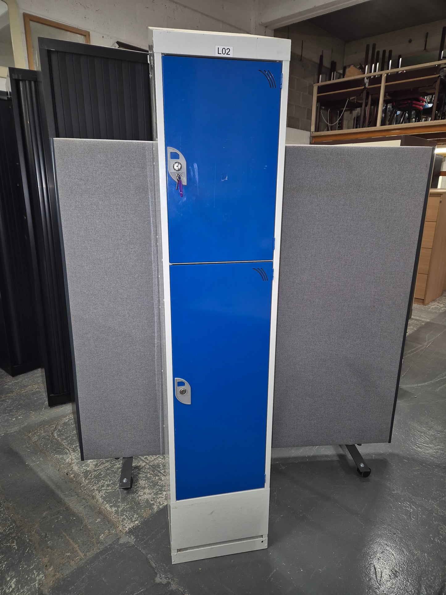 Tall 2 door personal locker, grey metal carcass with blue doors complete with keys