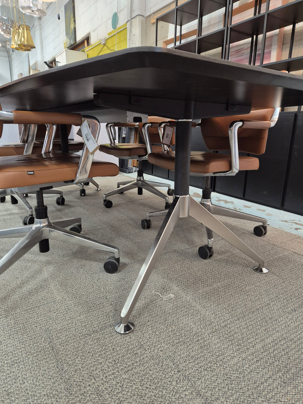 Wenge laminate barrell boardroom table with polished metal central base 2400Lx1200W*740H