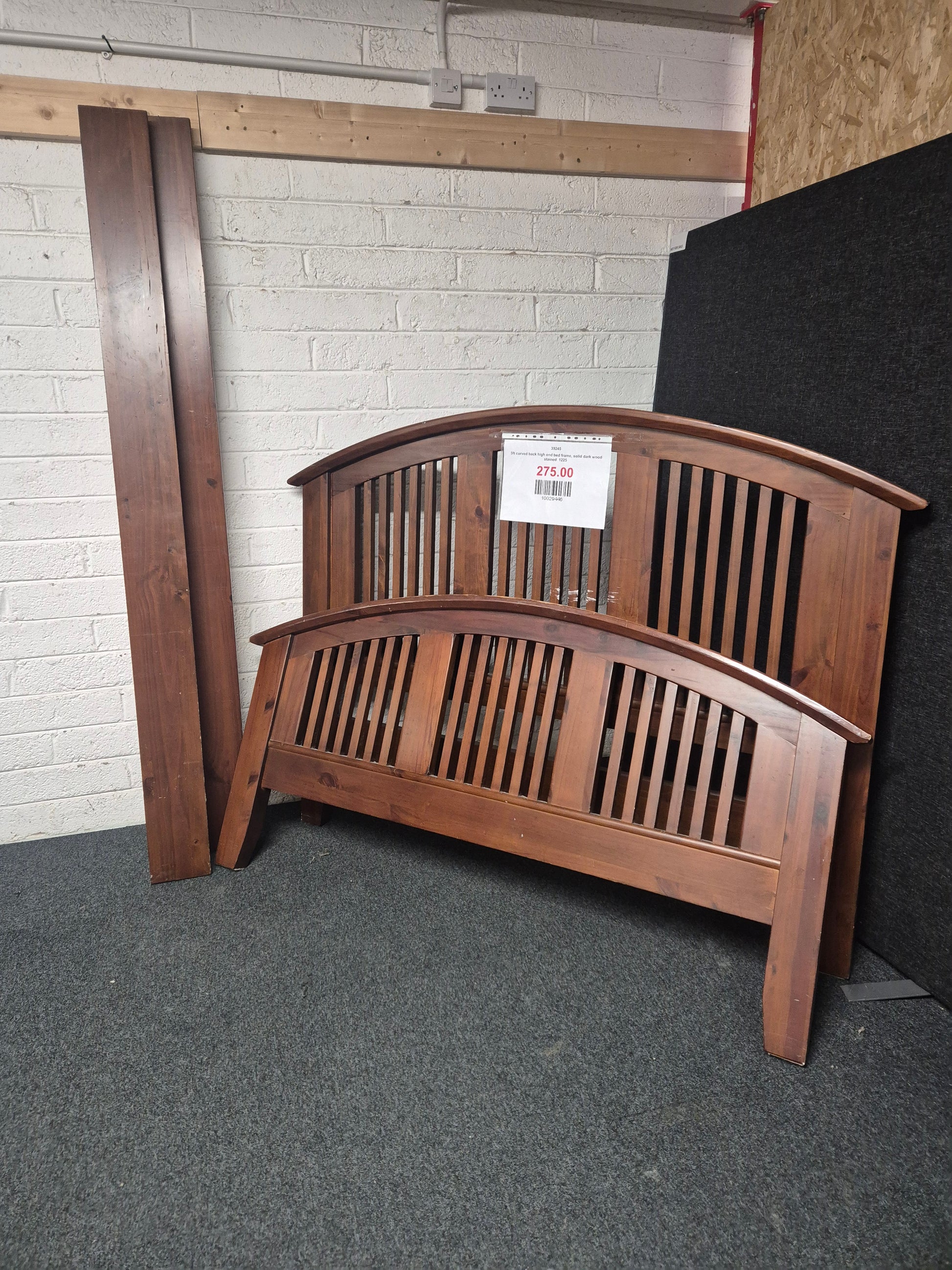 5ft curved back high end bed frame, solid dark wood stained  1225