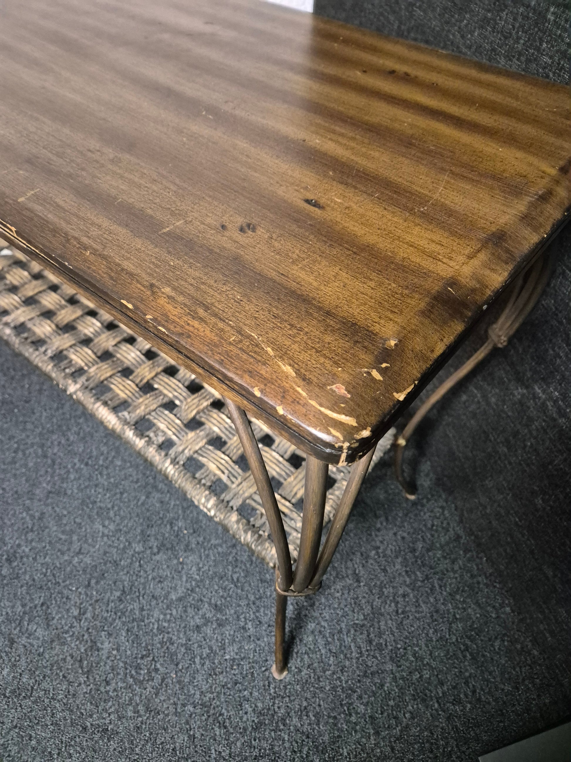 Large stained wood laminate and rattan console table ( H780 x W 1300 x D 520 mm) 3125