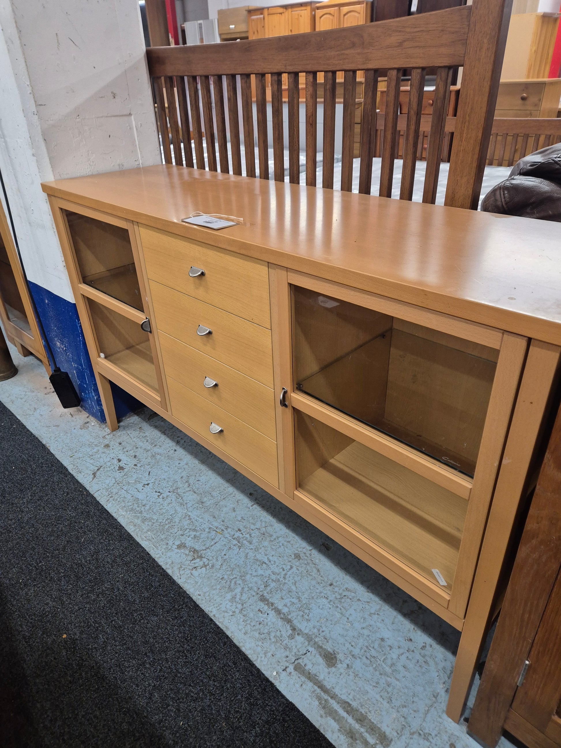 Solid beech 2 glass door 4 drawer long sideboard H 850 x W 1370 x D 430 mm Q4323