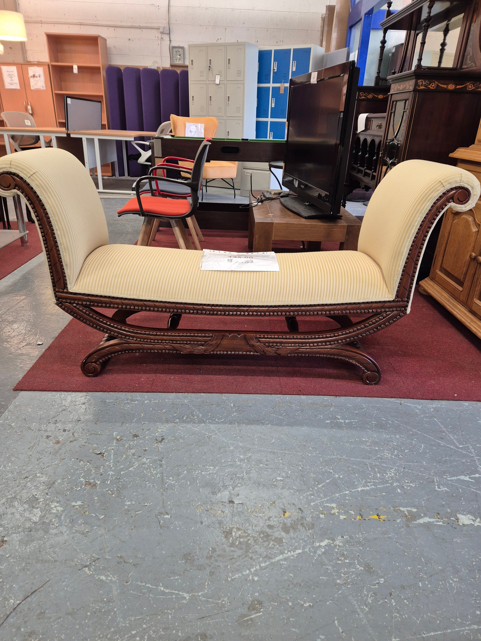Cream and tan striped chaise lounge with mahogany frame 2125