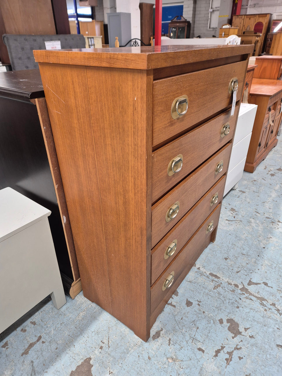 Retro teak stained tall 5 drawer chest 810 h 1100 d 400 2125