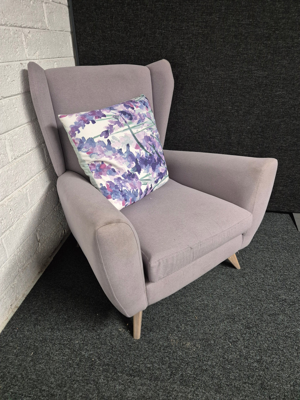 Purple fabric wing back armchair  1225