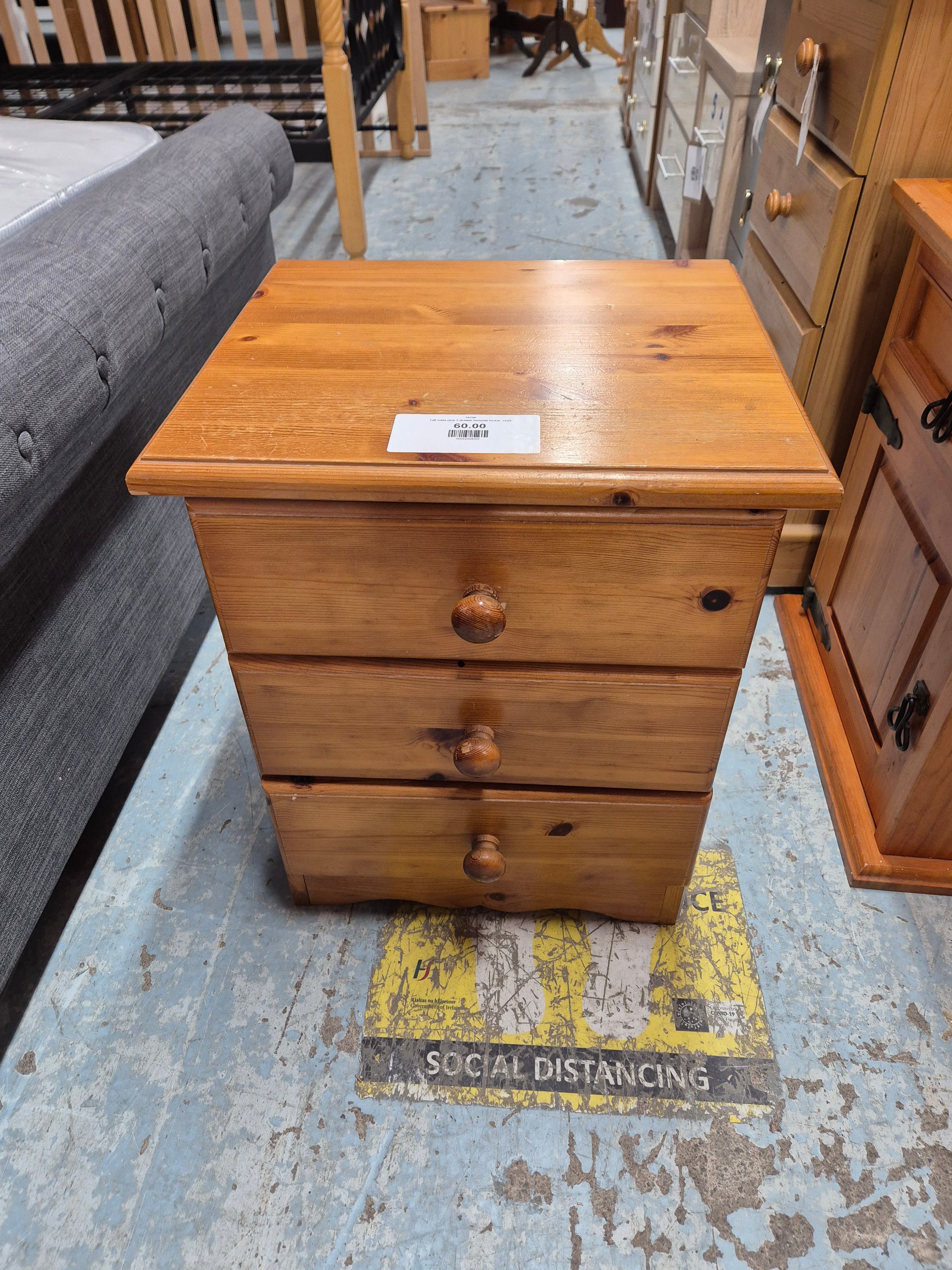 Tall solid pine 3 drawer bedside locker  2125