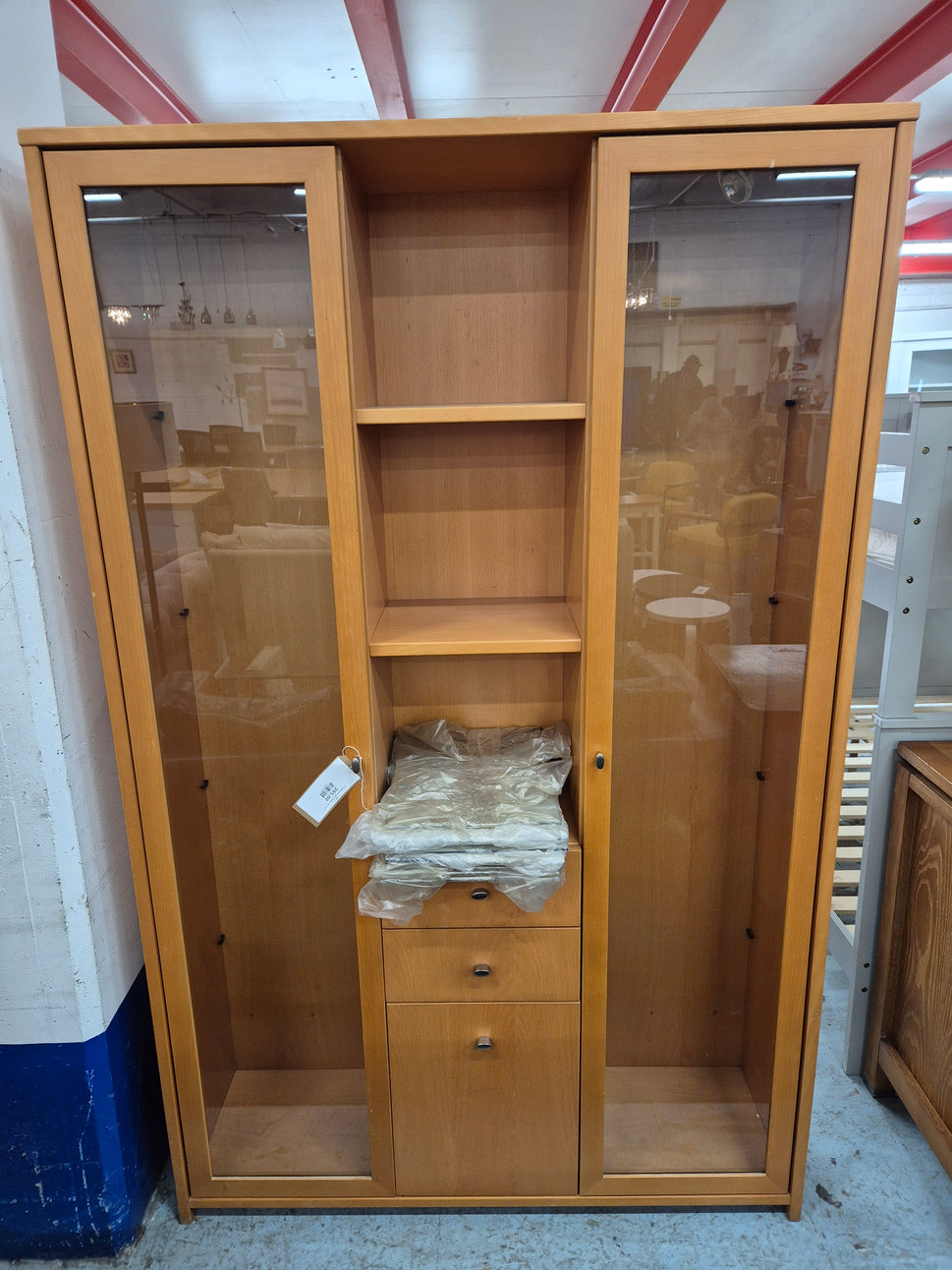 Tall solid beech glass display unit%A0 2125