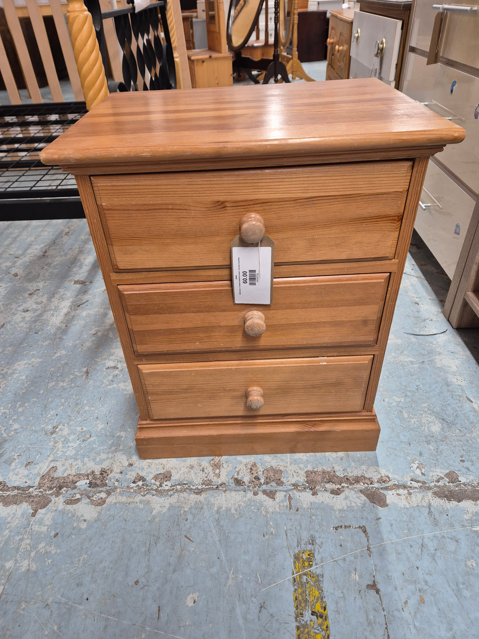 Solid pine 3 drawer bedside locker- circular handles